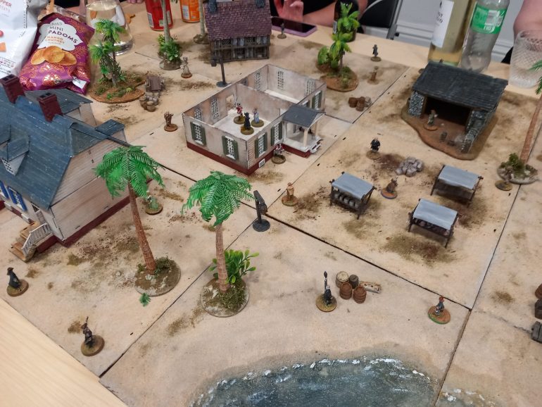 Another lovely day somewhere in the Caribbean. The local governors daughter is in danger of kidnap by pirates. Although the all female player group at my works game night daw it more of a liberation. The pirates are sneaking up the guarded house which is under armed guard including a bounty hunter hired for her close protection.