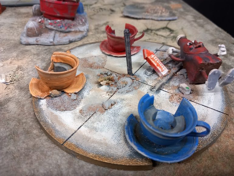 I printed odd a large base designed for starwars legion which you can download for free from anvilrage studios. I then populated it with rubble to make it look more like a destroyed ride