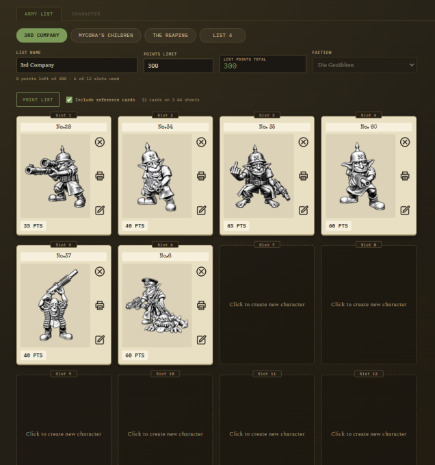 Starts with blank slots and you can click on them to add or edit a character. The when your done it saves everything to a file you can load later. it can print all the cards and reference sheets as one batch or one at a time.