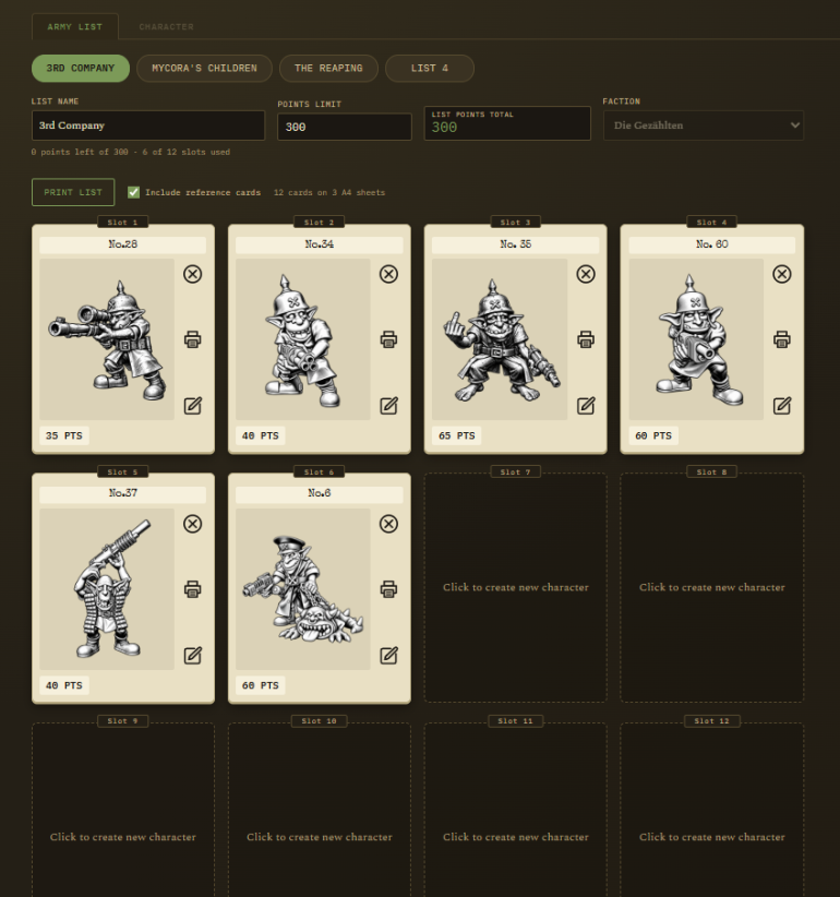 Starts with blank slots and you can click on them to add or edit a character. The when your done it saves everything to a file you can load later. it can print all the cards and reference sheets as one batch or one at a time.