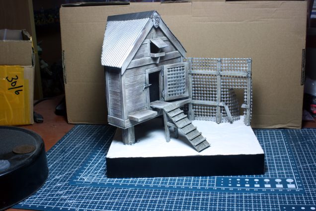 The next step is to paint the coop up in light shades of grey and drybrush with white.